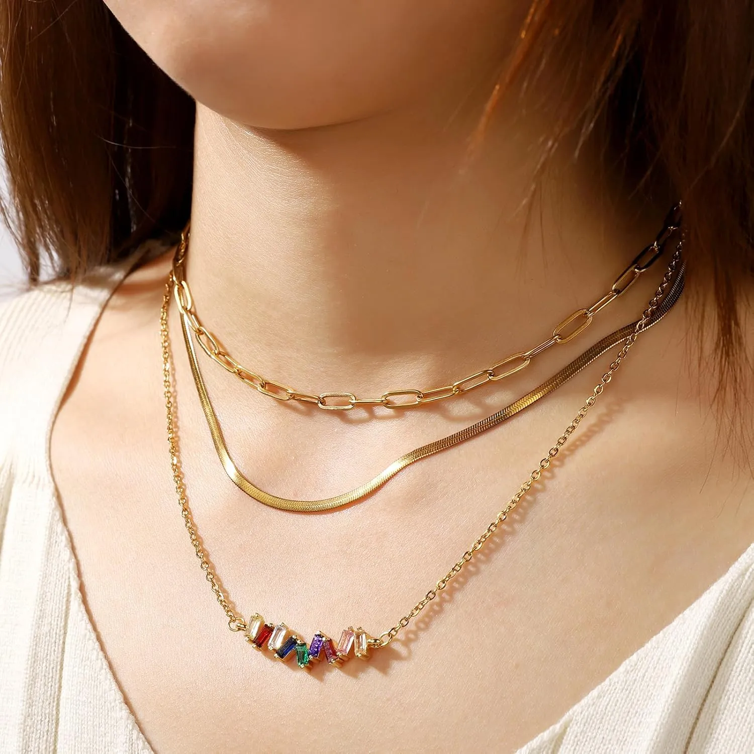 SHOWNICE Layered Choker Necklaces 18K Gold Plating Multilayer Chain Dainty Colorful Cubic zirconia Pendant Adjustable Layering Choker Necklaces for Women