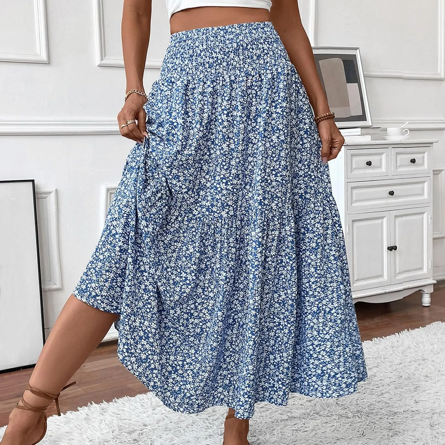 Skirts for Women Midi Length Women's Boho Floral Print Elastic High Waisted Swing A-Line Tiered Summer Beach Skirt