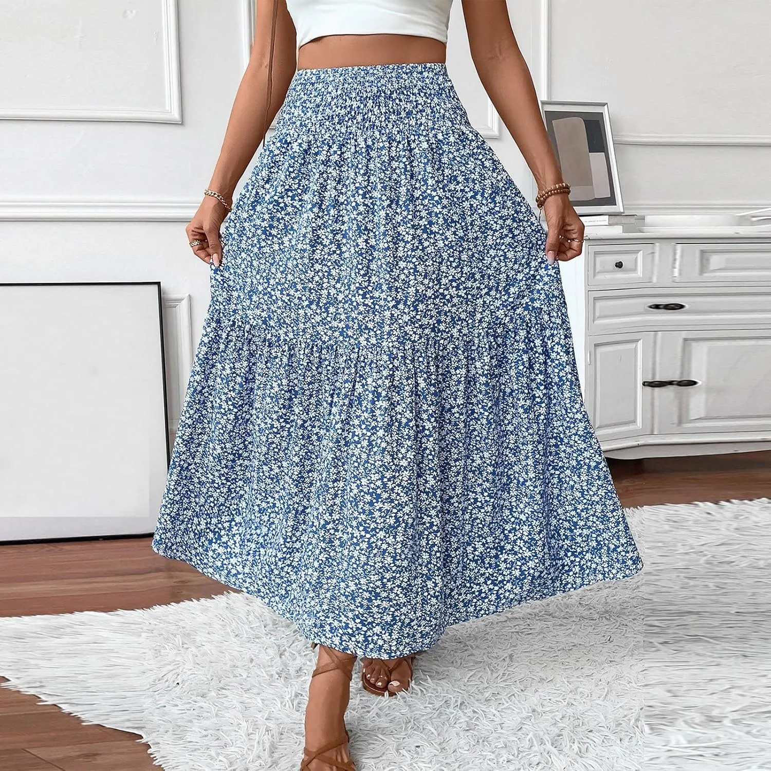 Skirts for Women Midi Length Women's Boho Floral Print Elastic High Waisted Swing A-Line Tiered Summer Beach Skirt