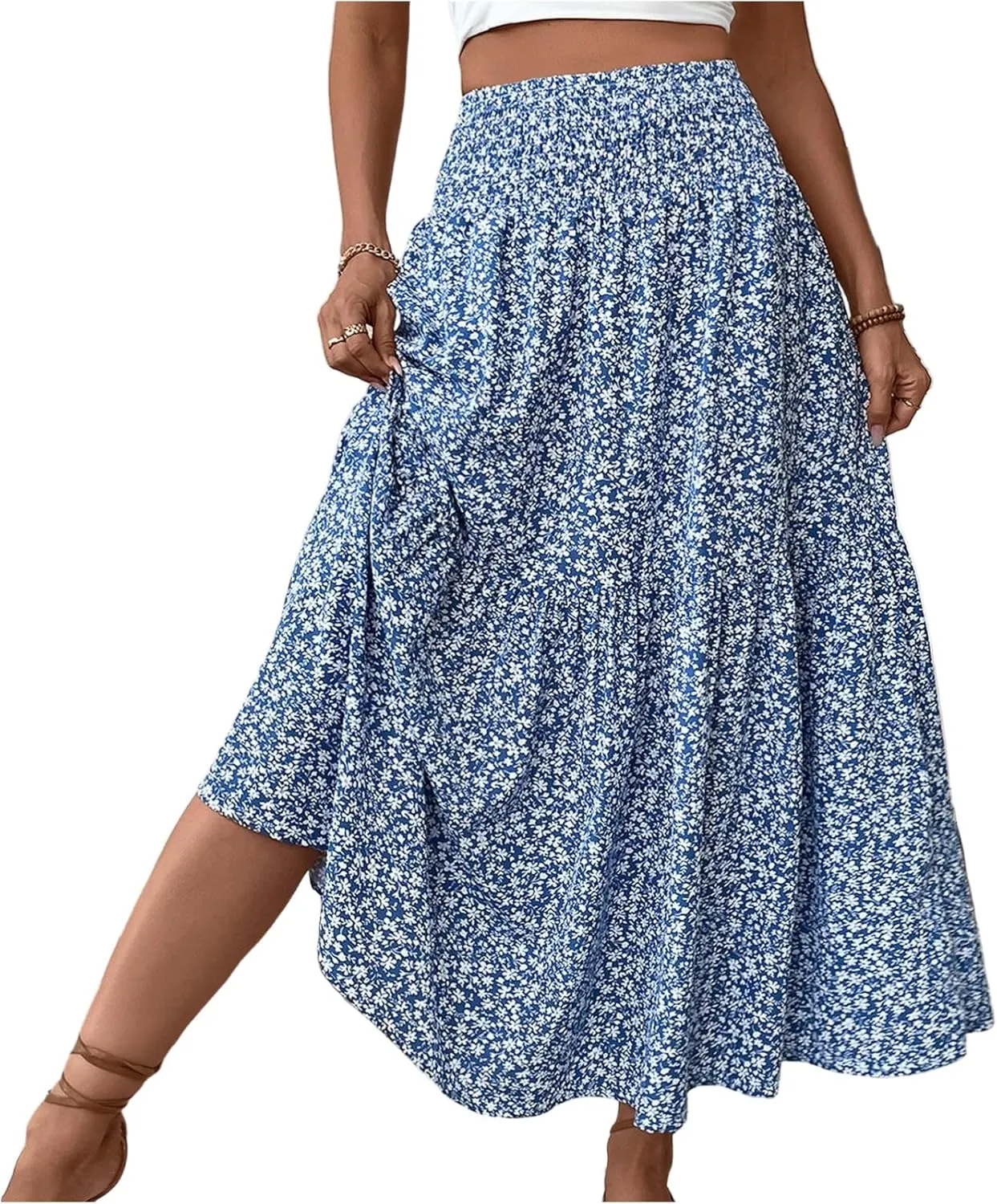 Skirts for Women Midi Length Women's Boho Floral Print Elastic High Waisted Swing A-Line Tiered Summer Beach Skirt