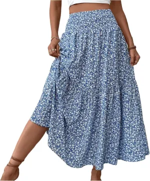 Skirts for Women Midi Length Women's Boho Floral Print Elastic High Waisted Swing A-Line Tiered Summer Beach Skirt