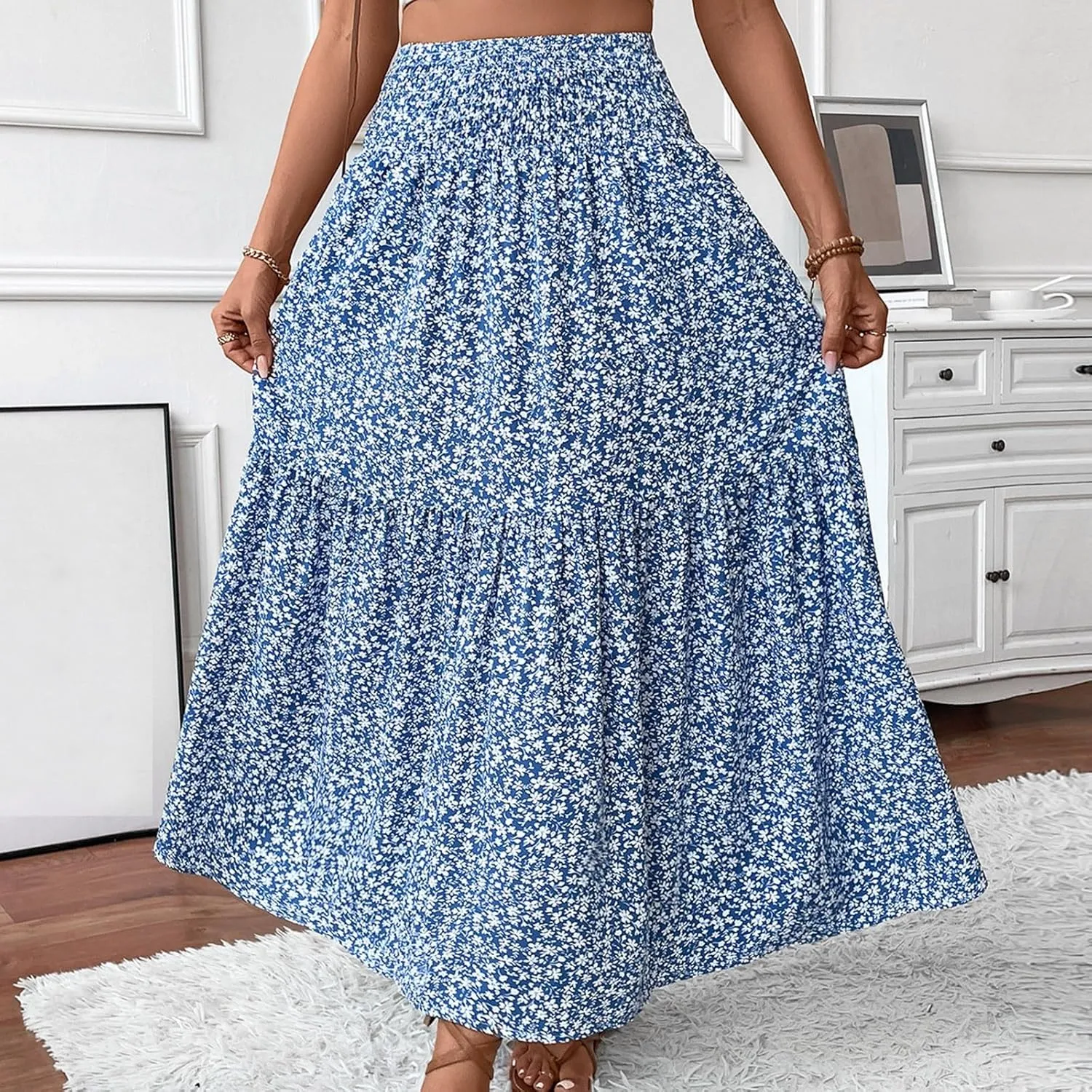 Skirts for Women Midi Length Women's Boho Floral Print Elastic High Waisted Swing A-Line Tiered Summer Beach Skirt