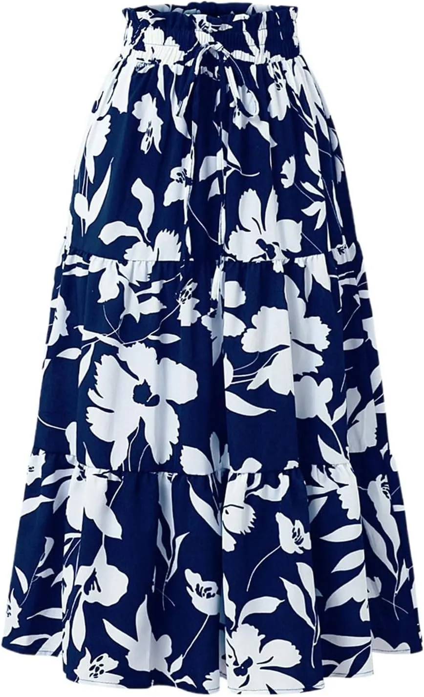 Skirts for Women Trendy Bohemian Floral Print Pleated High Elastic Waist A-Line Knee Length Boha Skirts Streetwear