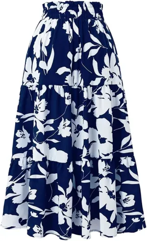 Skirts for Women Trendy Bohemian Floral Print Pleated High Elastic Waist A-Line Knee Length Boha Skirts Streetwear