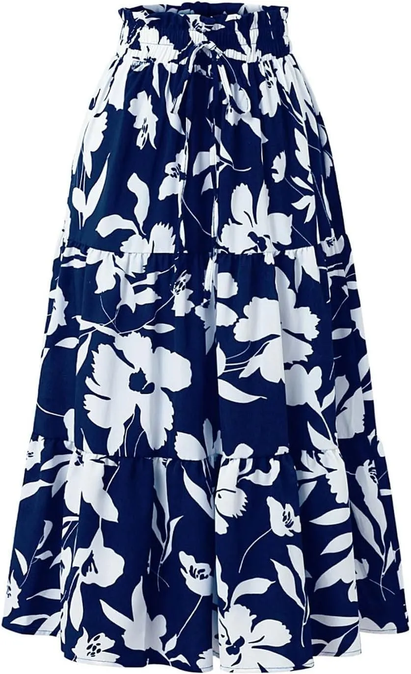 Skirts for Women Trendy Bohemian Floral Print Pleated High Elastic Waist A-Line Knee Length Boha Skirts Streetwear