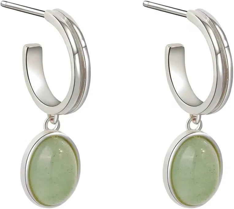 Small 14K Gold Plated 925 Sterling Silver Post Huggie Earrings with Aventurine Stone Dangle Hoop Earrings with Posts for Women