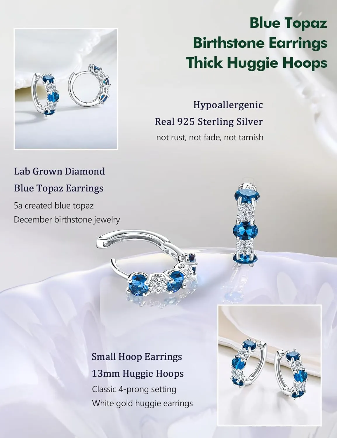 Small Hoop Earrings for Women Hypoallergenic 925 Sterling Silver 13.5mm Thick Huggie Earrings Hoops Created Gemstone Diamond Birthstone Wedding Earrings