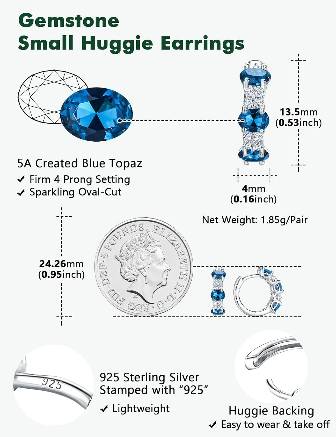 Small Hoop Earrings for Women Hypoallergenic 925 Sterling Silver 13.5mm Thick Huggie Earrings Hoops Created Gemstone Diamond Birthstone Wedding Earrings