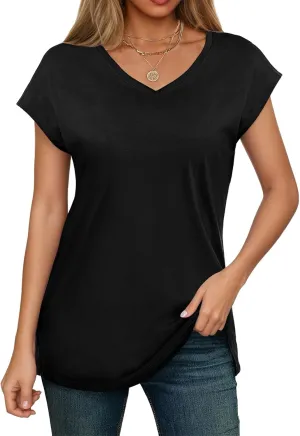 SMENG Shirts for Women Pure Cotton Cap Sleeve V Neck Split Hem T Shirts Basic Tee Tops