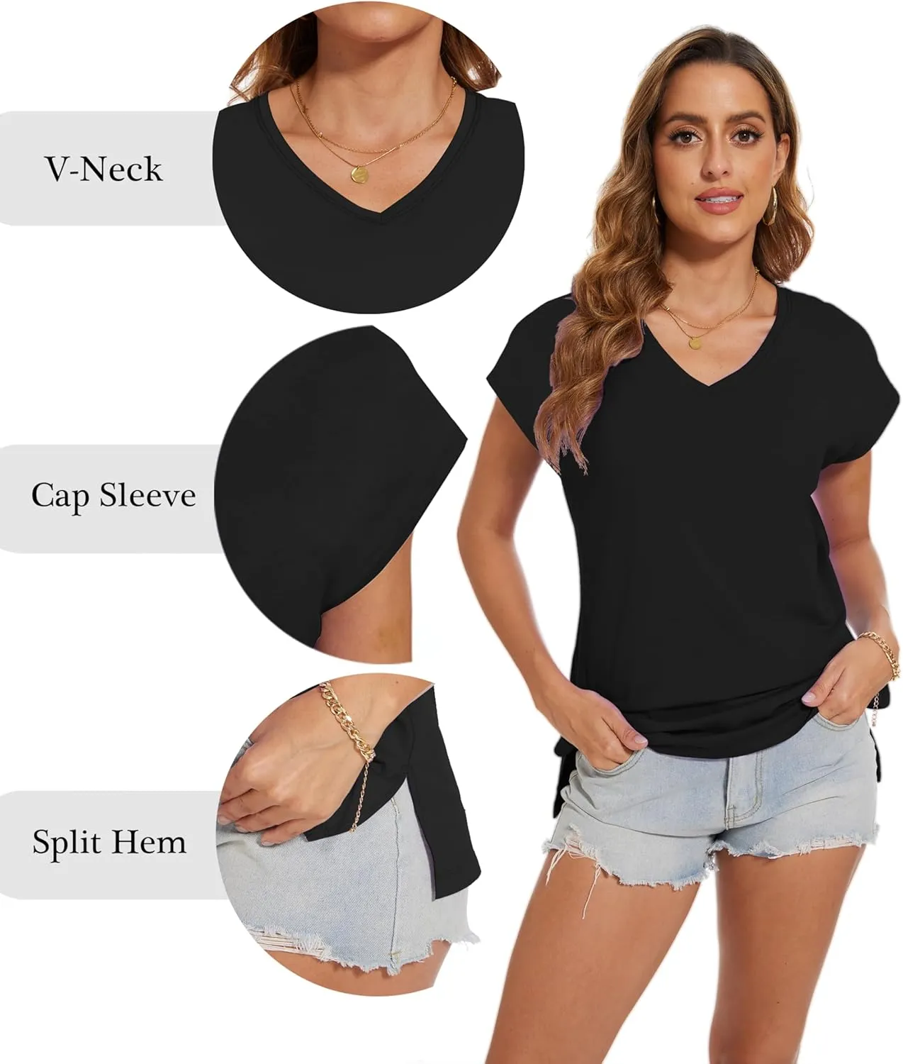 SMENG Shirts for Women Pure Cotton Cap Sleeve V Neck Split Hem T Shirts Basic Tee Tops
