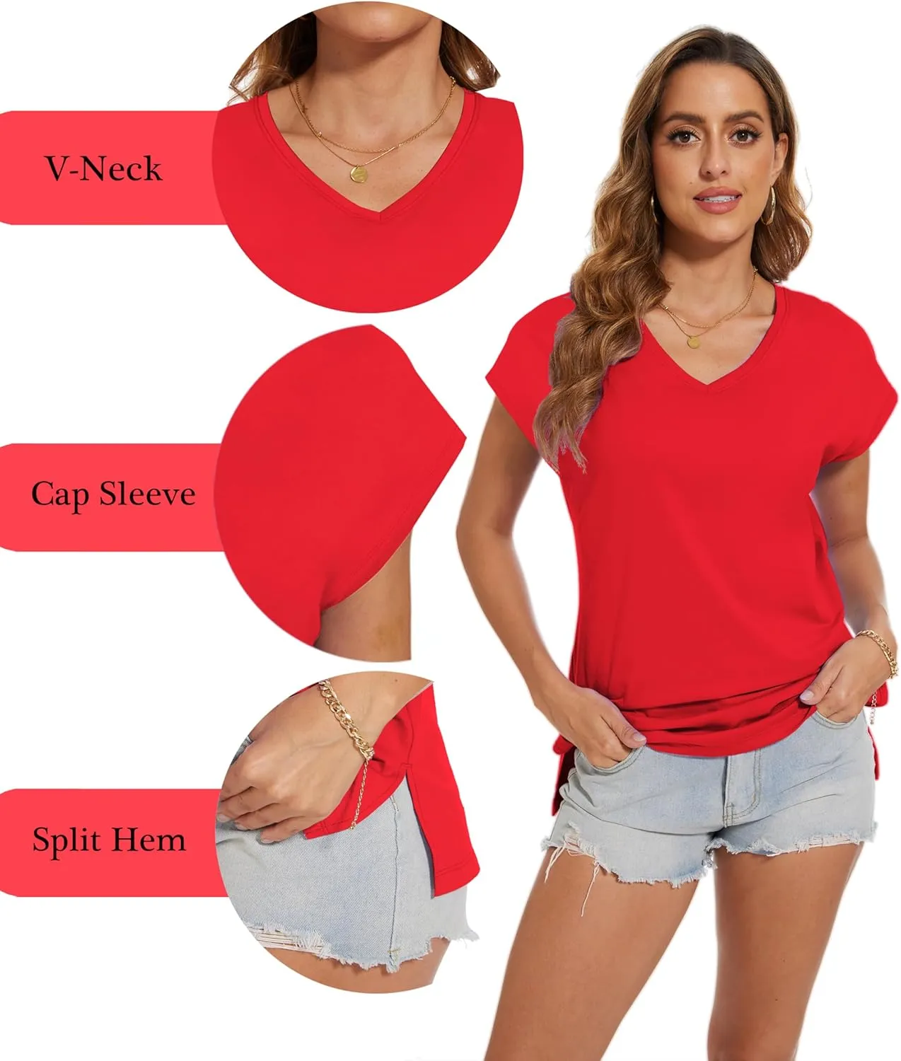 SMENG Shirts for Women Pure Cotton Cap Sleeve V Neck Split Hem T Shirts Basic Tee Tops