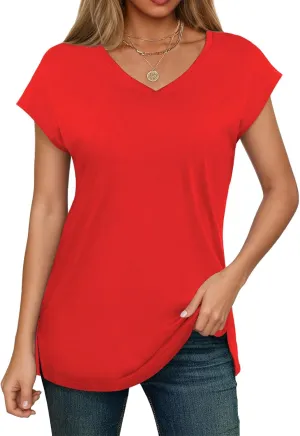 SMENG Shirts for Women Pure Cotton Cap Sleeve V Neck Split Hem T Shirts Basic Tee Tops