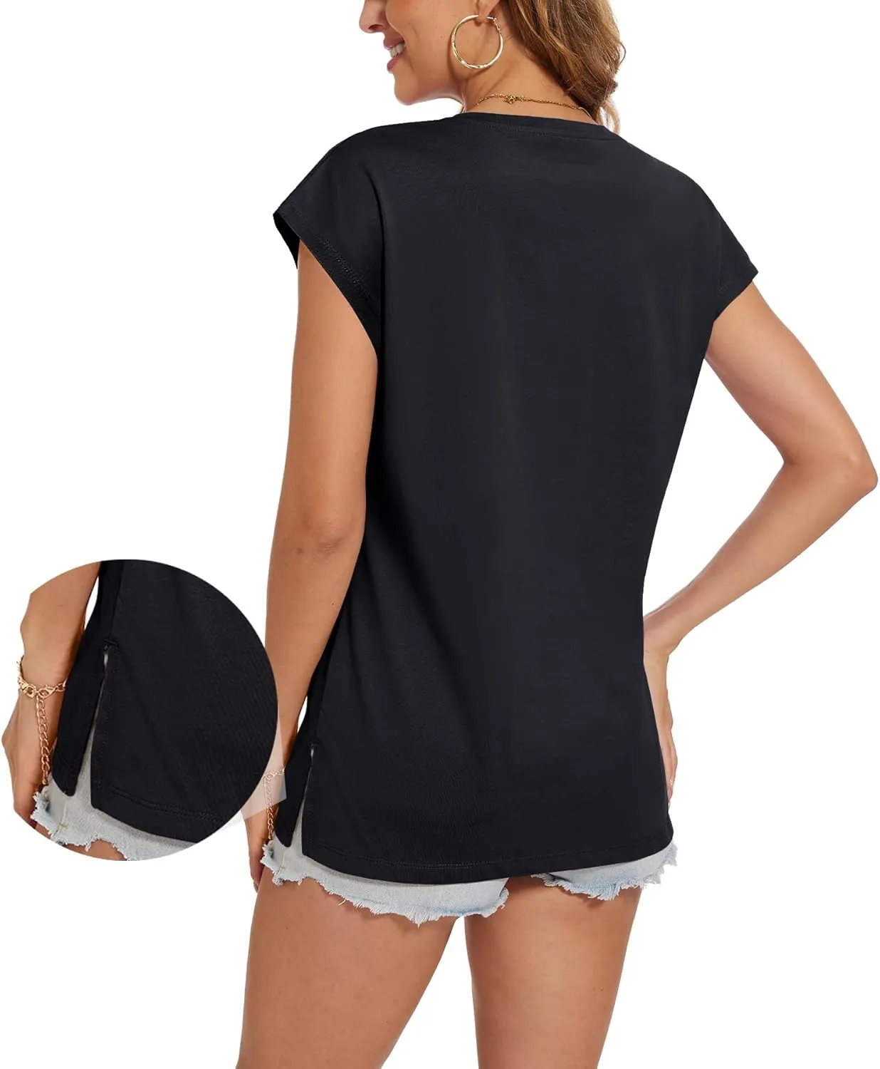 SMENG Shirts for Women Pure Cotton Cap Sleeve V Neck Split Hem T Shirts Basic Tee Tops