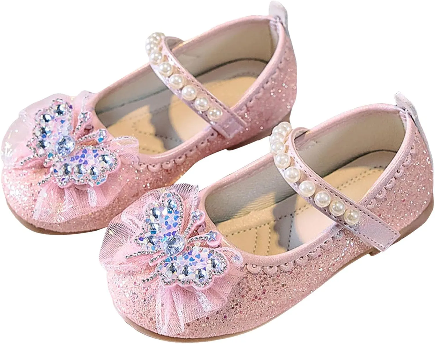 Soft Flat Shoes Summer Girl Shoes Girls Solid Color Fashion Small Leather Little Girl Butterfly Rhinestone Pearl Princess
