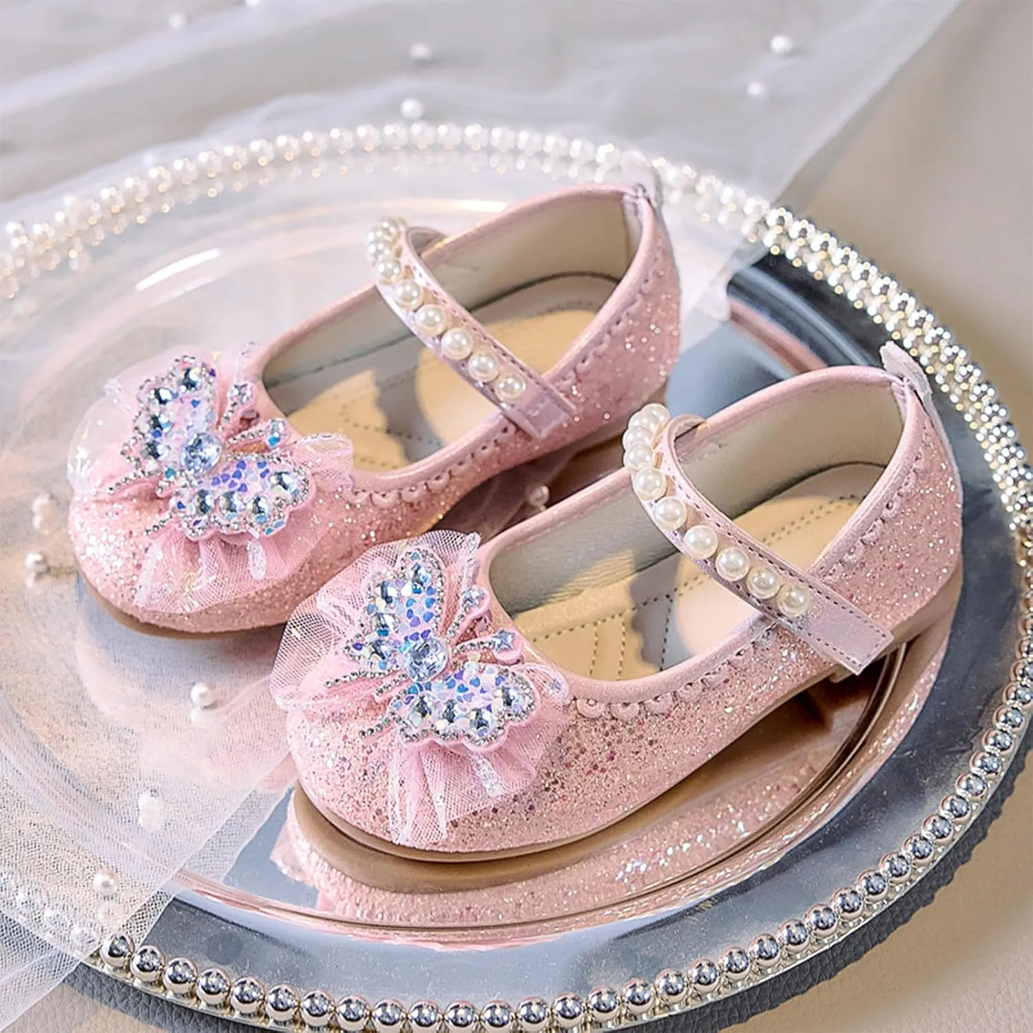 Soft Flat Shoes Summer Girl Shoes Girls Solid Color Fashion Small Leather Little Girl Butterfly Rhinestone Pearl Princess