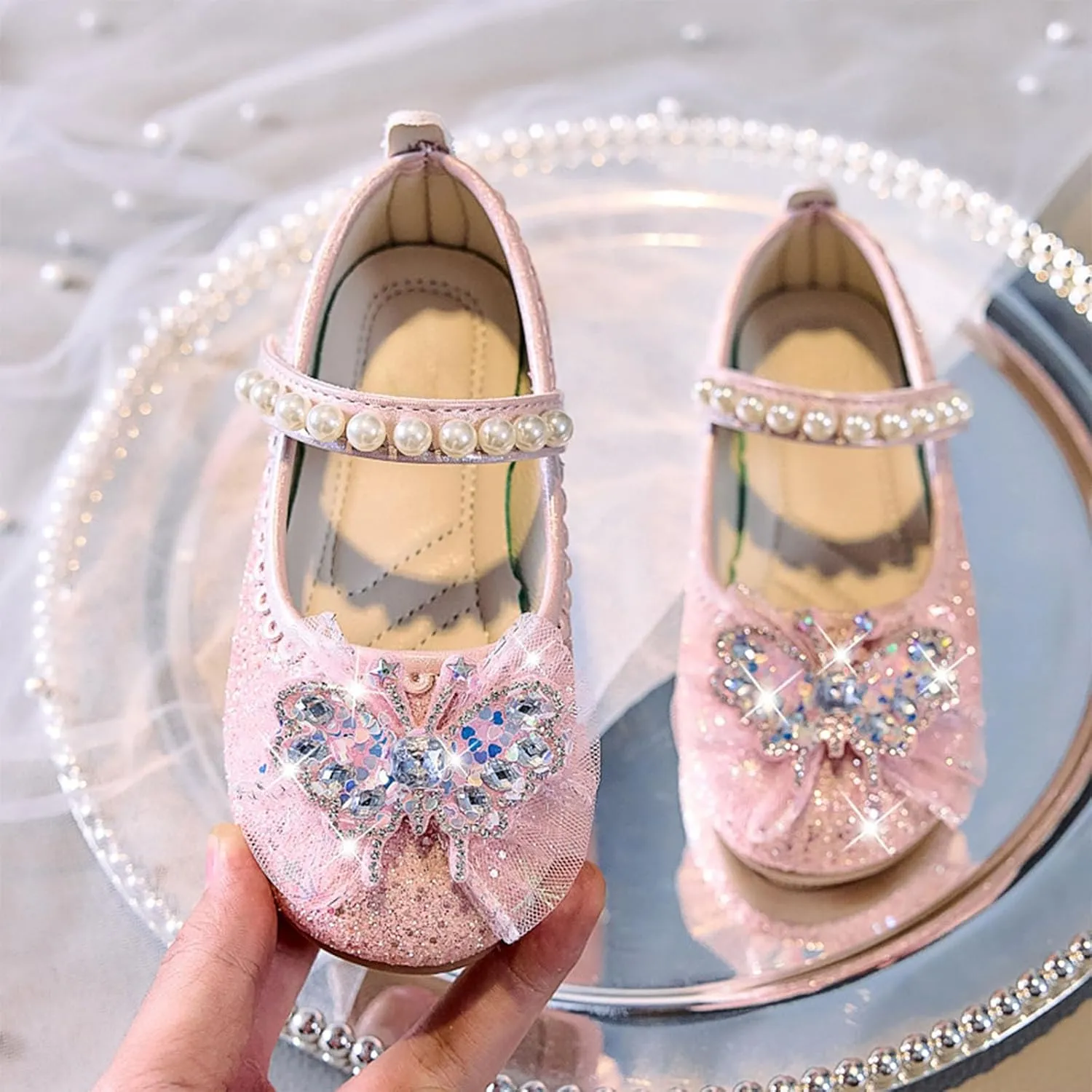 Soft Flat Shoes Summer Girl Shoes Girls Solid Color Fashion Small Leather Little Girl Butterfly Rhinestone Pearl Princess