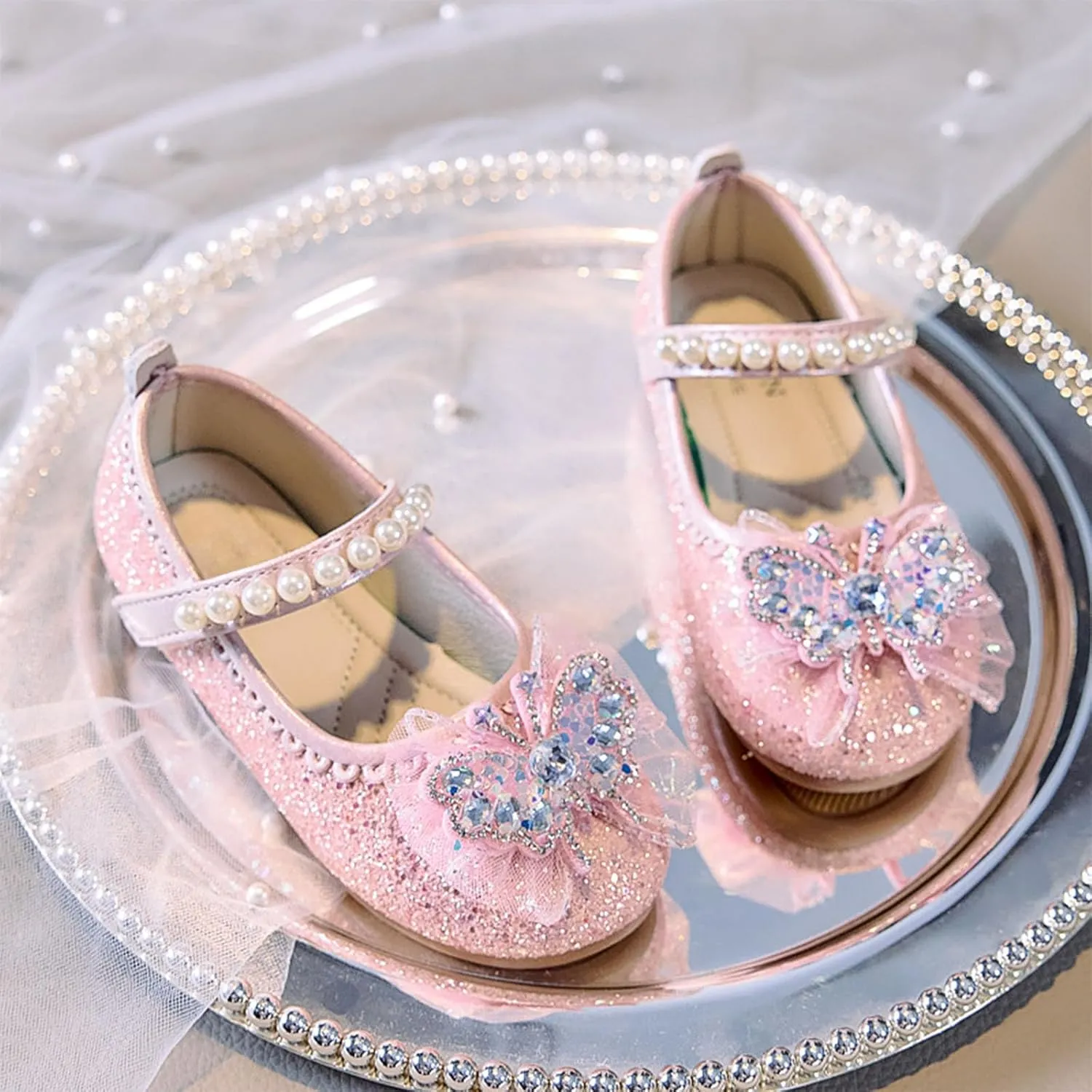 Soft Flat Shoes Summer Girl Shoes Girls Solid Color Fashion Small Leather Little Girl Butterfly Rhinestone Pearl Princess