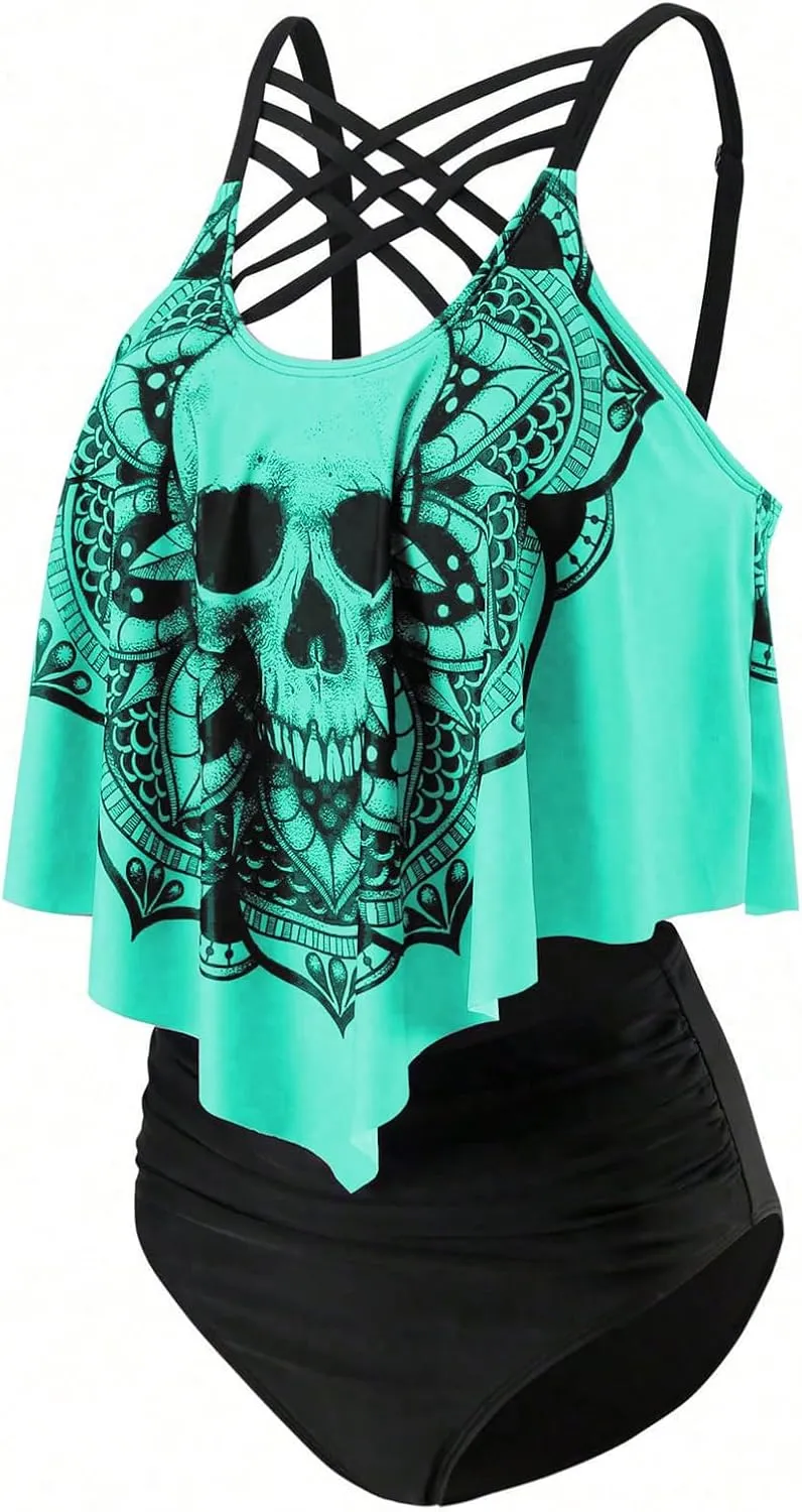 SOLY HUX Women's Plus Size Swimsuit Skull Print Criss Cross Ruffle Bikini Tankini Two Piece Bathing Suit