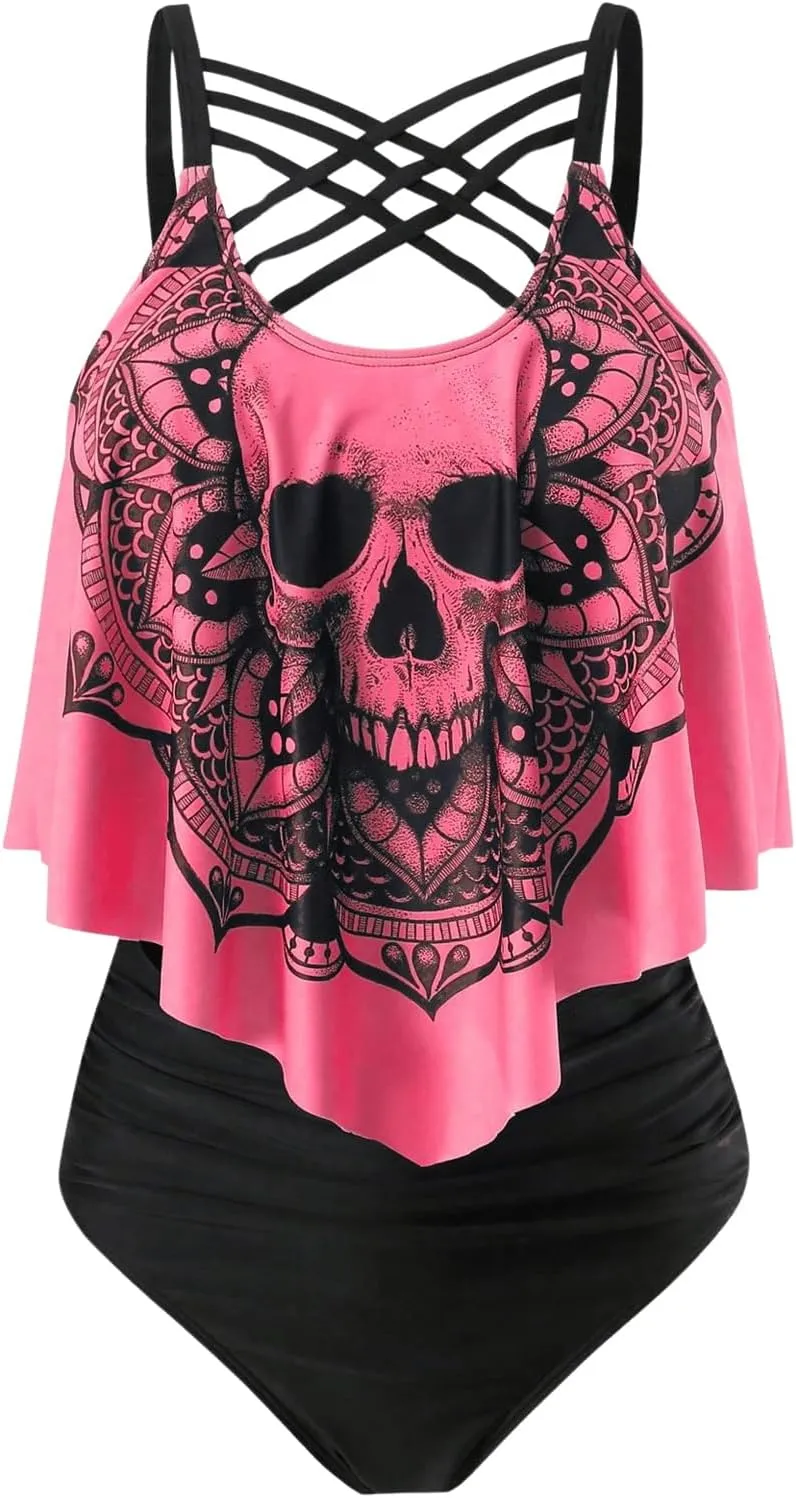SOLY HUX Women's Plus Size Swimsuit Skull Print Criss Cross Ruffle Bikini Tankini Two Piece Bathing Suit