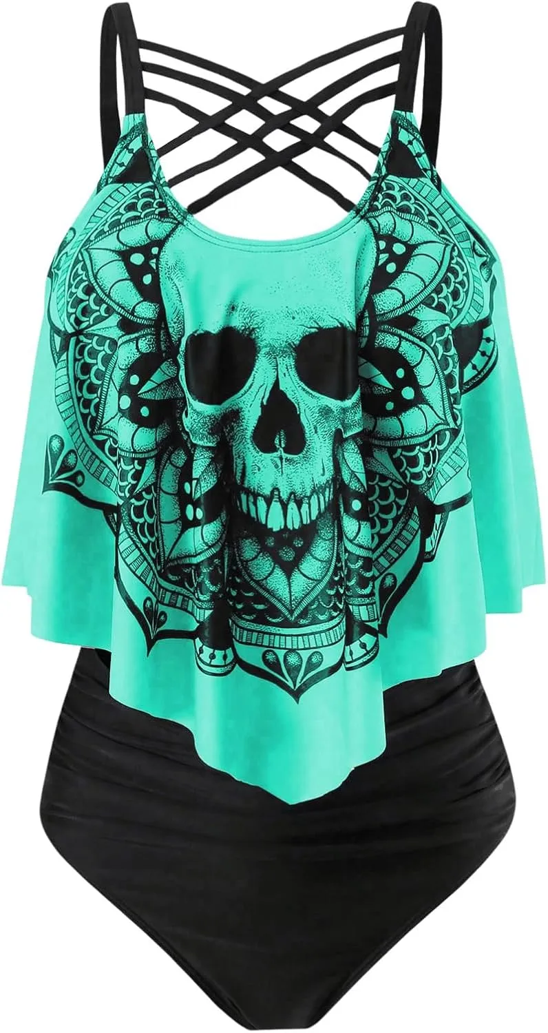 SOLY HUX Women's Plus Size Swimsuit Skull Print Criss Cross Ruffle Bikini Tankini Two Piece Bathing Suit