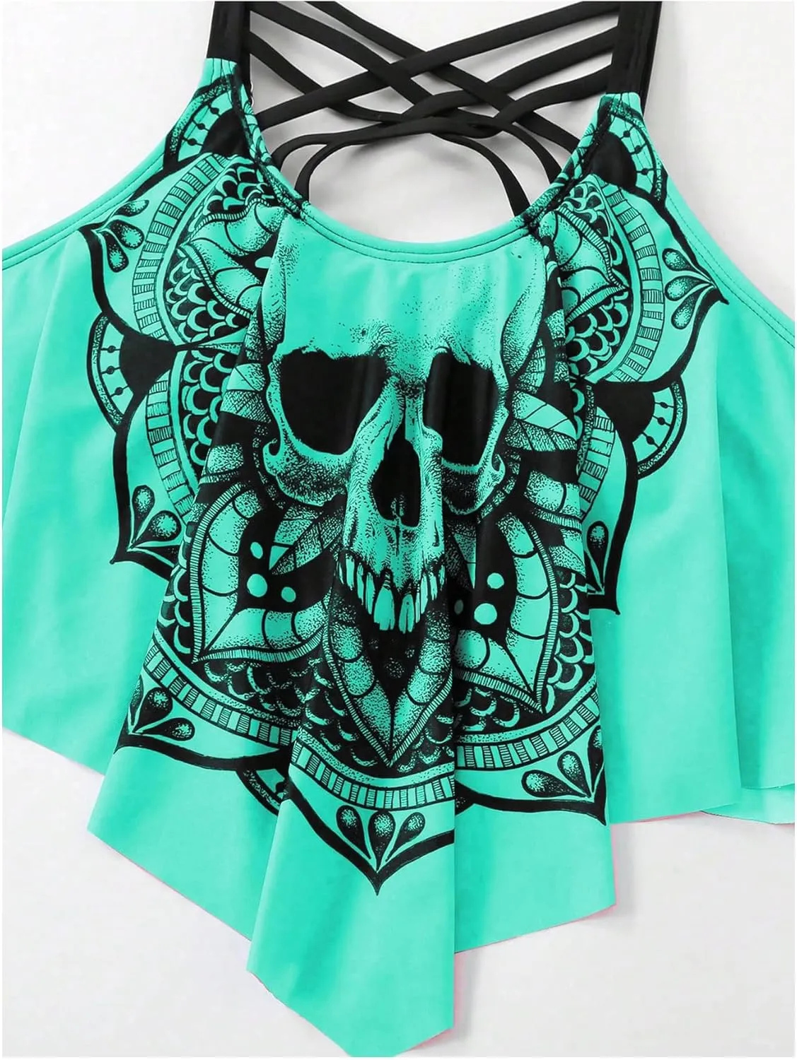 SOLY HUX Women's Plus Size Swimsuit Skull Print Criss Cross Ruffle Bikini Tankini Two Piece Bathing Suit