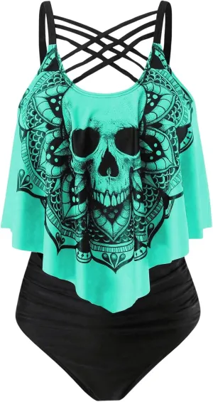SOLY HUX Women's Plus Size Swimsuit Skull Print Criss Cross Ruffle Bikini Tankini Two Piece Bathing Suit