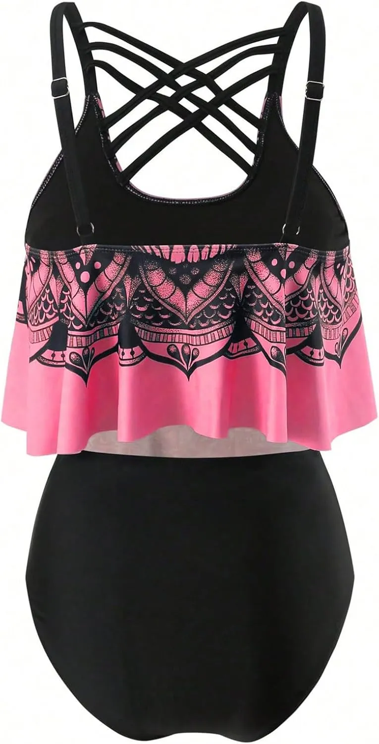 SOLY HUX Women's Plus Size Swimsuit Skull Print Criss Cross Ruffle Bikini Tankini Two Piece Bathing Suit