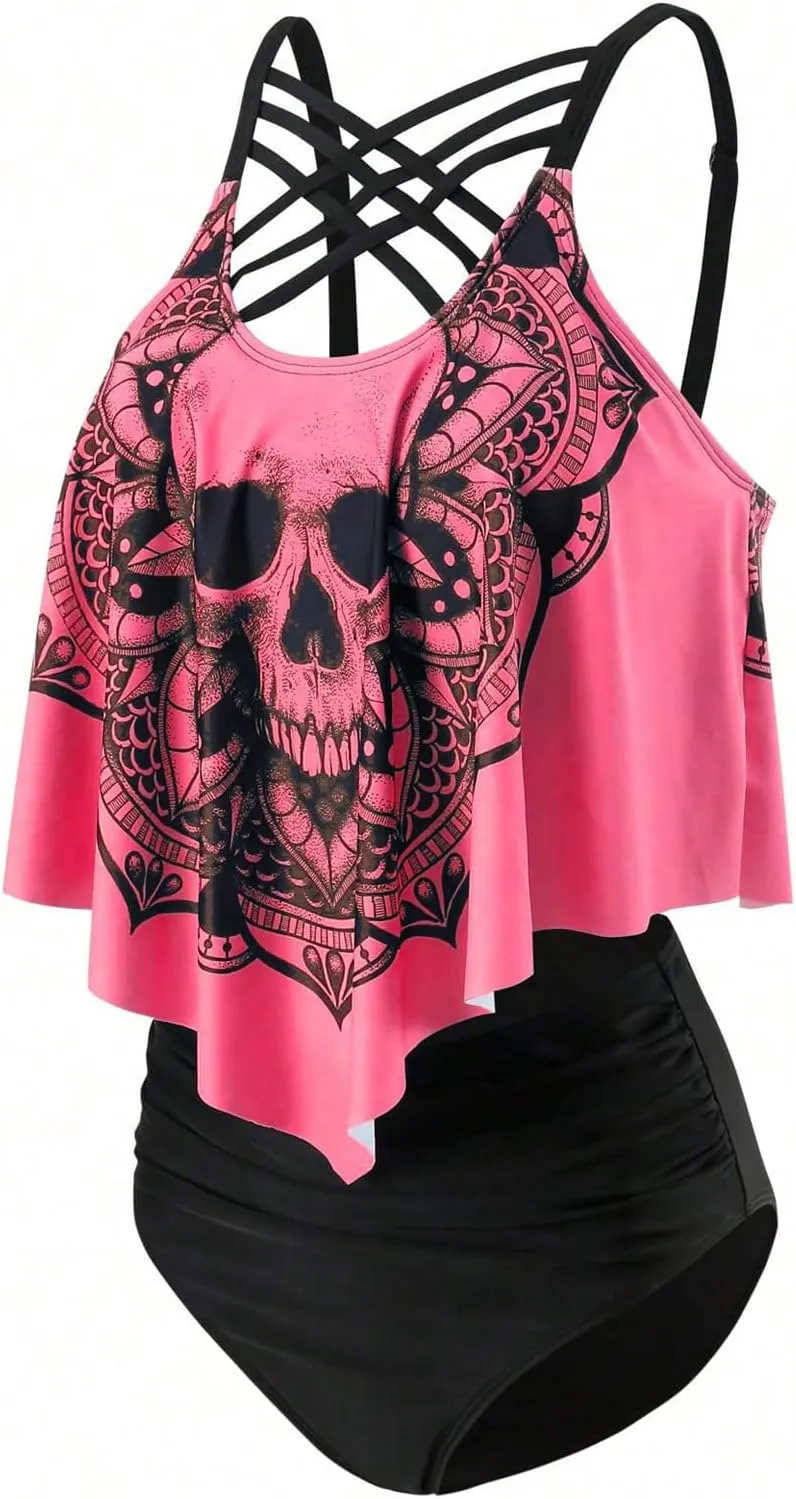 SOLY HUX Women's Plus Size Swimsuit Skull Print Criss Cross Ruffle Bikini Tankini Two Piece Bathing Suit