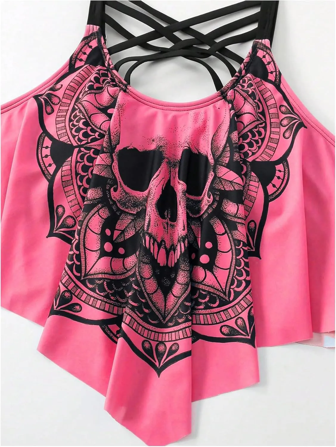 SOLY HUX Women's Plus Size Swimsuit Skull Print Criss Cross Ruffle Bikini Tankini Two Piece Bathing Suit