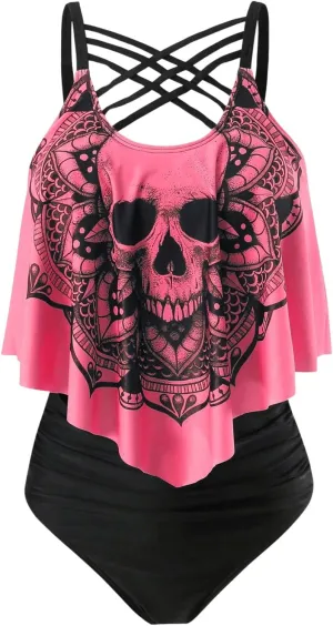 SOLY HUX Women's Plus Size Swimsuit Skull Print Criss Cross Ruffle Bikini Tankini Two Piece Bathing Suit