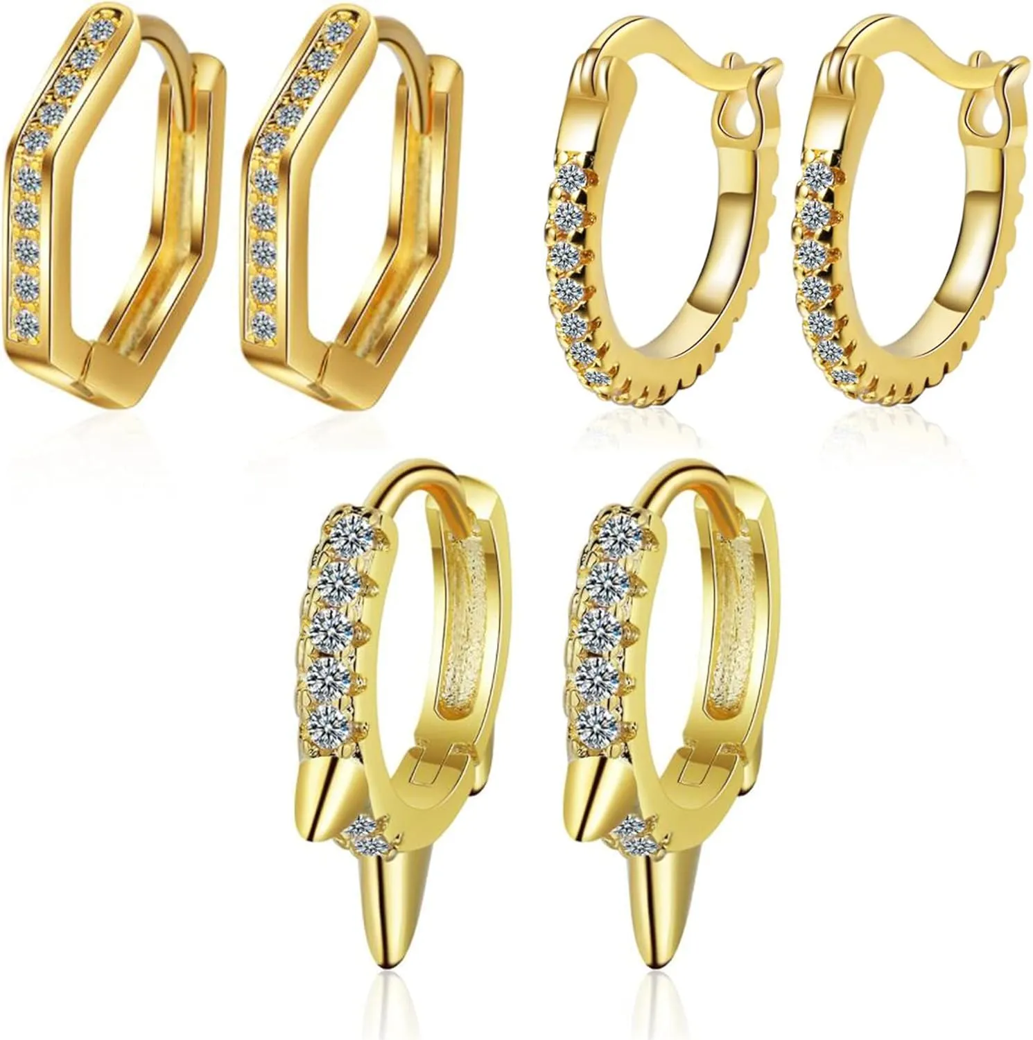 Spike Hoop Earrings For Women Small Huggie Cubic Zirconia Hypoallergenic Piercing Punk Earrings Set Gold PlatedMen(F-Gold)
