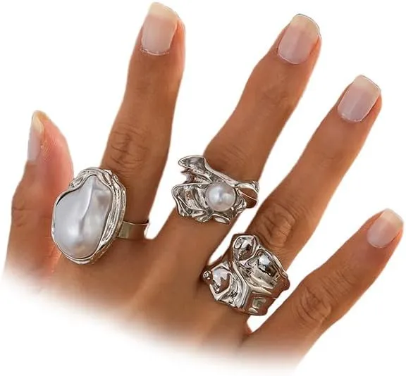 Statement Chunky Gold Irregular Big Pearl Rings Stackable for Women Non Tarnish, Unique Large Baroque Pearls Sliver Pleated Knuckle Ring Set Jewelry Gift