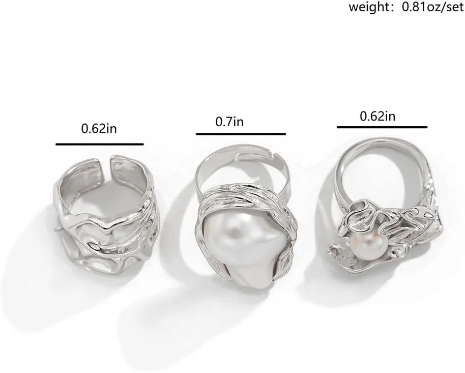 Statement Chunky Gold Irregular Big Pearl Rings Stackable for Women Non Tarnish, Unique Large Baroque Pearls Sliver Pleated Knuckle Ring Set Jewelry Gift