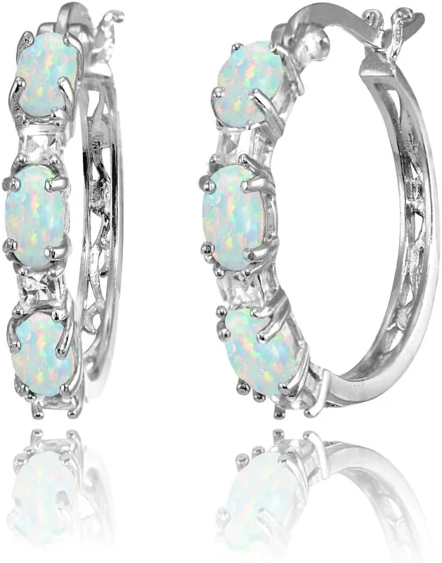 Sterling Silver Hoop Earrings, Birthstone Earrings, Oval and Princess Genuine or Synthetic Gemstone Earrings, Earrings for Women, Fashion Earrings, Trendy Earrings, Hoops Earrings for Women