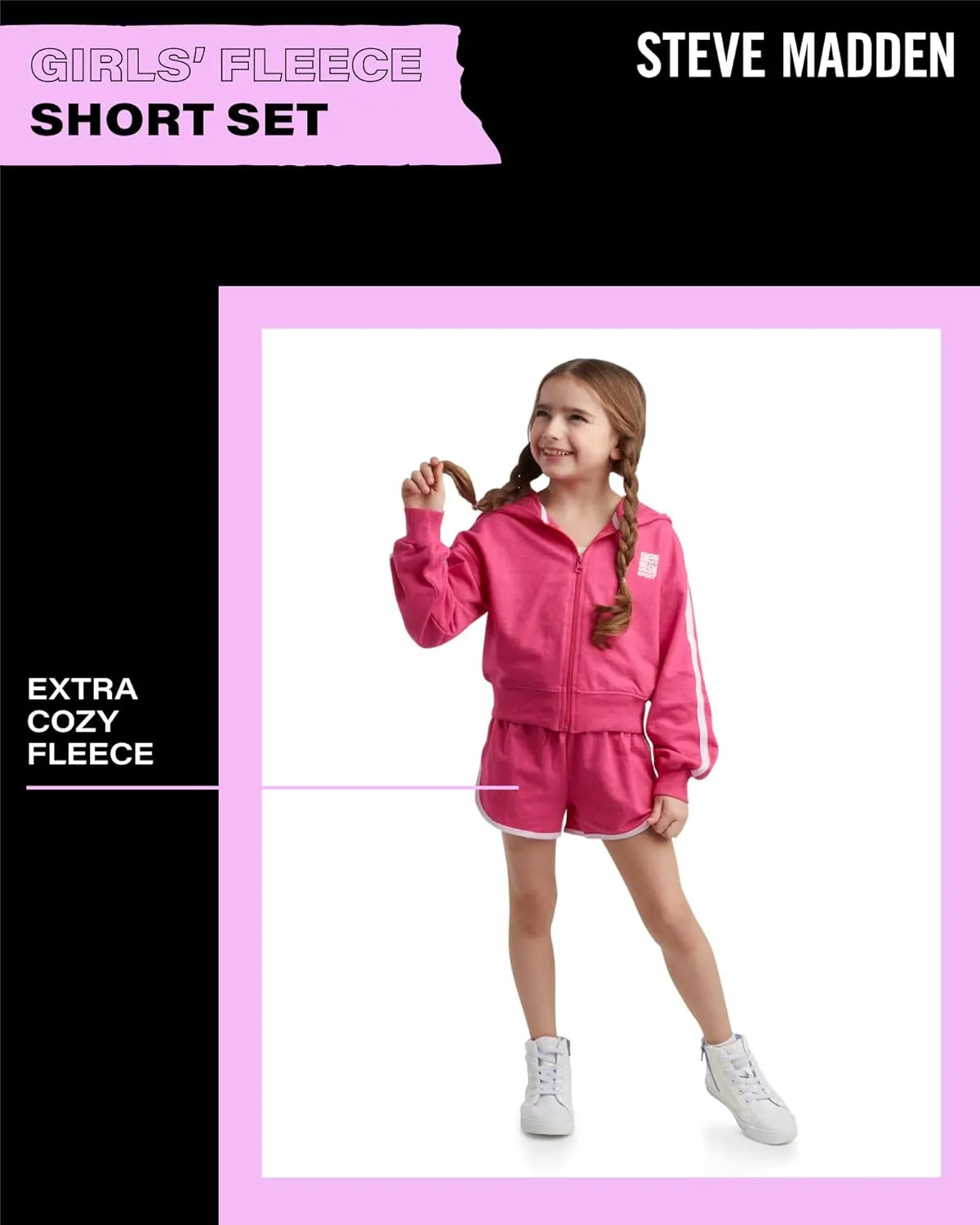 Steve Madden Girls' Shorts Set - Fleece Zip Hoodie Sweatshirt and Sweat Shorts  Cute Cozy Shorts Set for Girls (4-16)