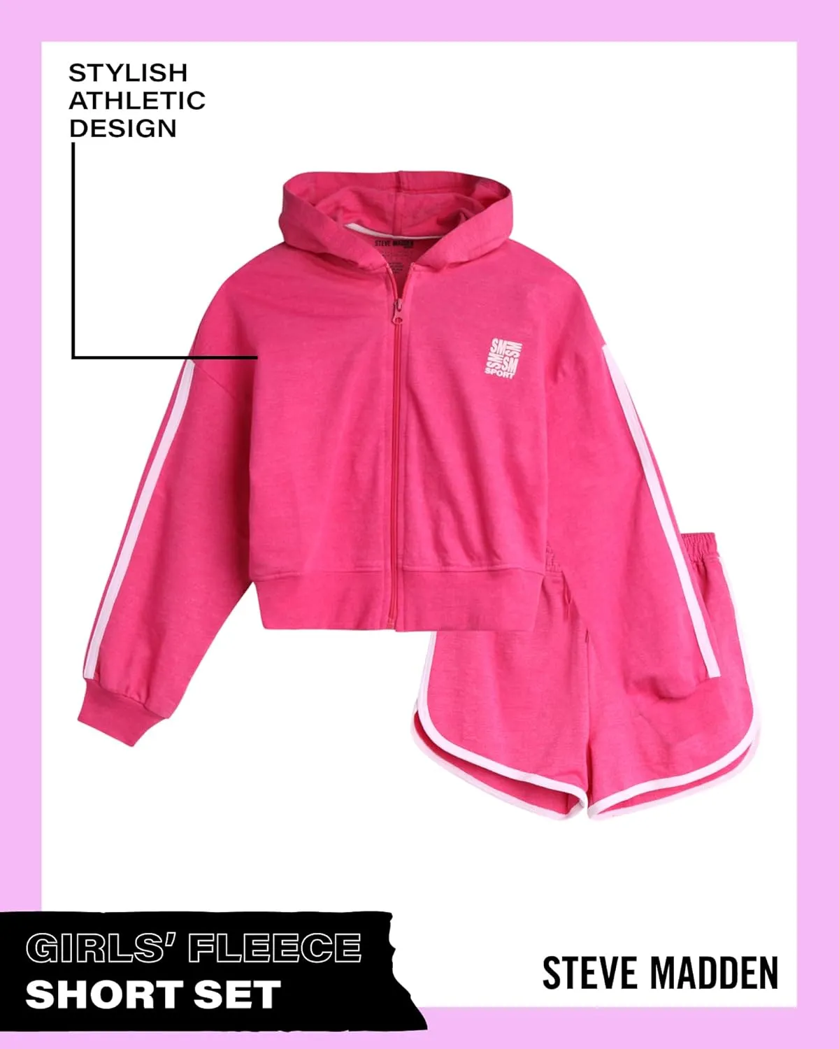 Steve Madden Girls' Shorts Set - Fleece Zip Hoodie Sweatshirt and Sweat Shorts  Cute Cozy Shorts Set for Girls (4-16)