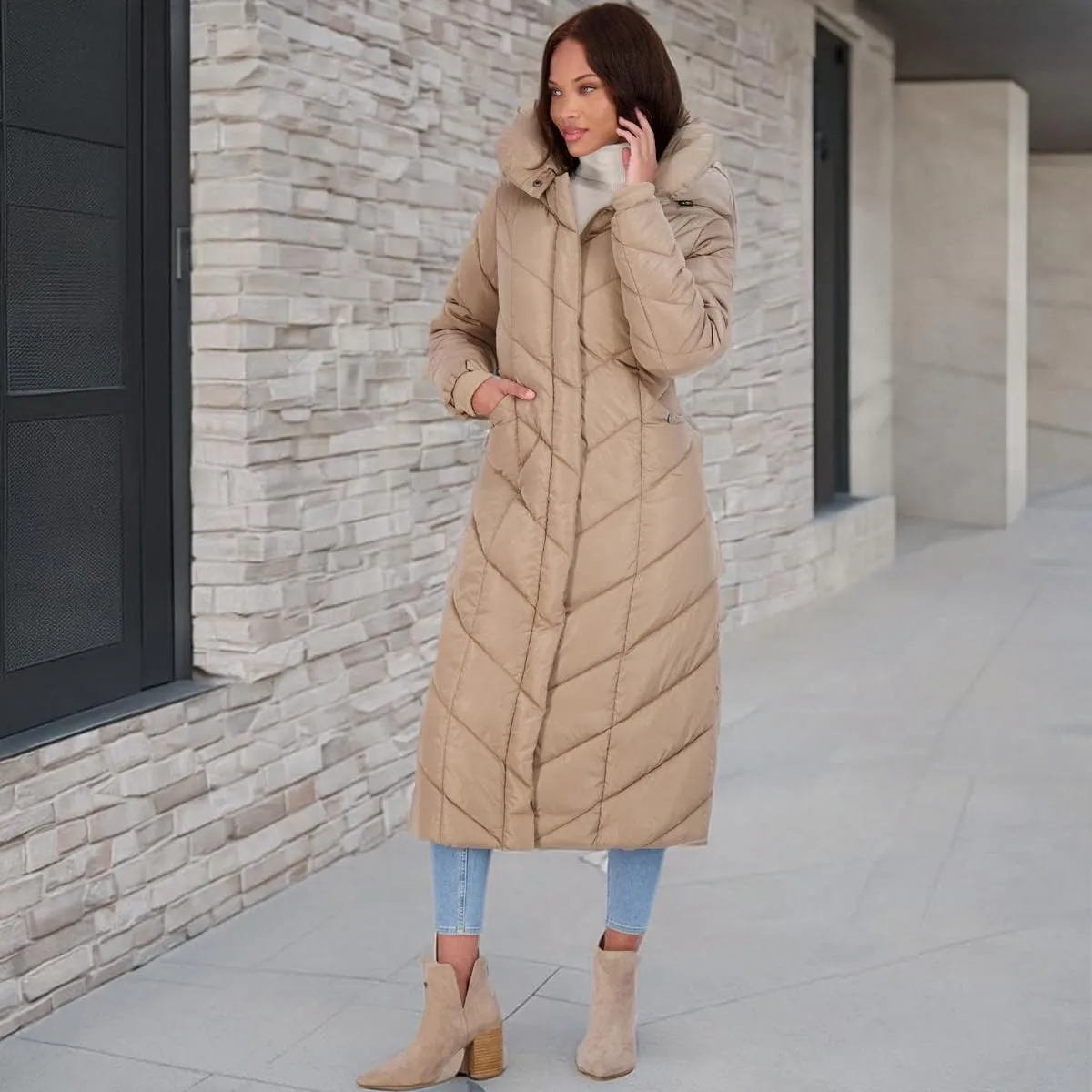 Steve Madden Women's Long Chevron Maxi Puffer Coat