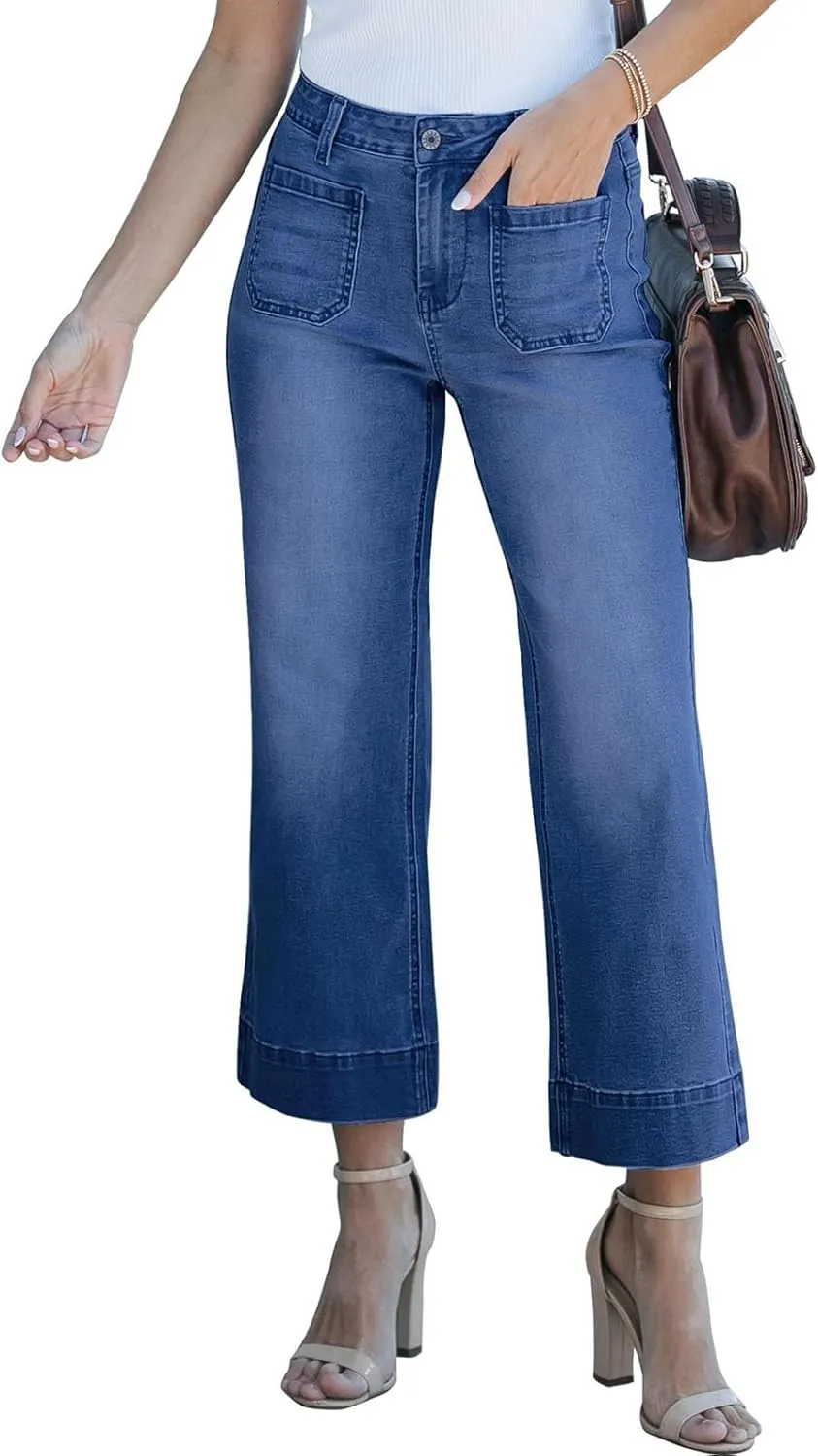 Straight Leg Jeans for Women Fashion High Waisted Stretchy Loose Cropped Denim Pants Casual Baggy Jean Trousers