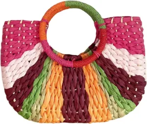Straw Bag for Women, Bohemian Semi-circular Tote Bag Handmade Woven Handbags for Summer Vacation Beach Travel Daily Matching 01, One Color, One Size