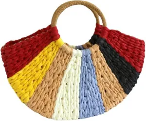 Straw Bag for Women, Bohemian Semi-circular Tote Bag Handmade Woven Handbags for Summer Vacation Beach Travel Daily Matching 02, One Color, One Size