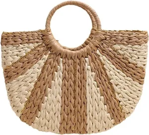Straw Bag for Women, Bohemian Semi-circular Tote Bag Handmade Woven Handbags for Summer Vacation Beach Travel Daily Matching 06, One Color, One Size