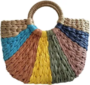 Straw Bag for Women, Bohemian Semi-circular Tote Bag Handmade Woven Handbags for Summer Vacation Beach Travel Daily Matching 07, One Color, One Size