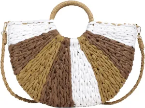 Straw Bag for Women, Bohemian Semi-circular Tote Bag Handmade Woven Handbags for Summer Vacation Beach Travel Daily Matching 10, One Color, One Size
