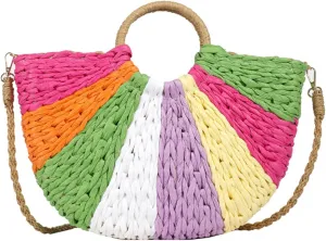 Straw Bag for Women, Bohemian Semi-circular Tote Bag Handmade Woven Handbags for Summer Vacation Beach Travel Daily Matching 12, One Color, One Size