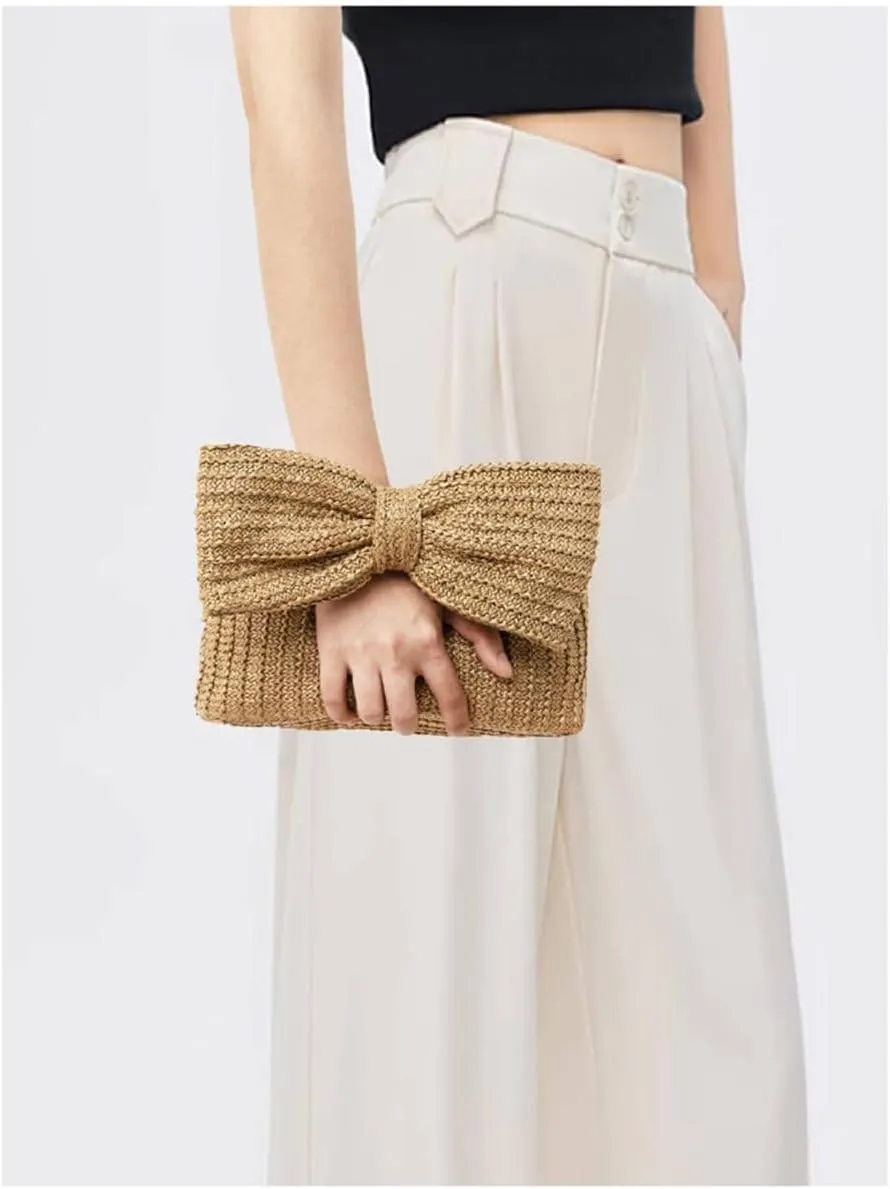Straw Clutch Purses for Women Woven Bow Evening Clutch Bag Summer Straw Beach Bag Woven Envelope Handbag 2024