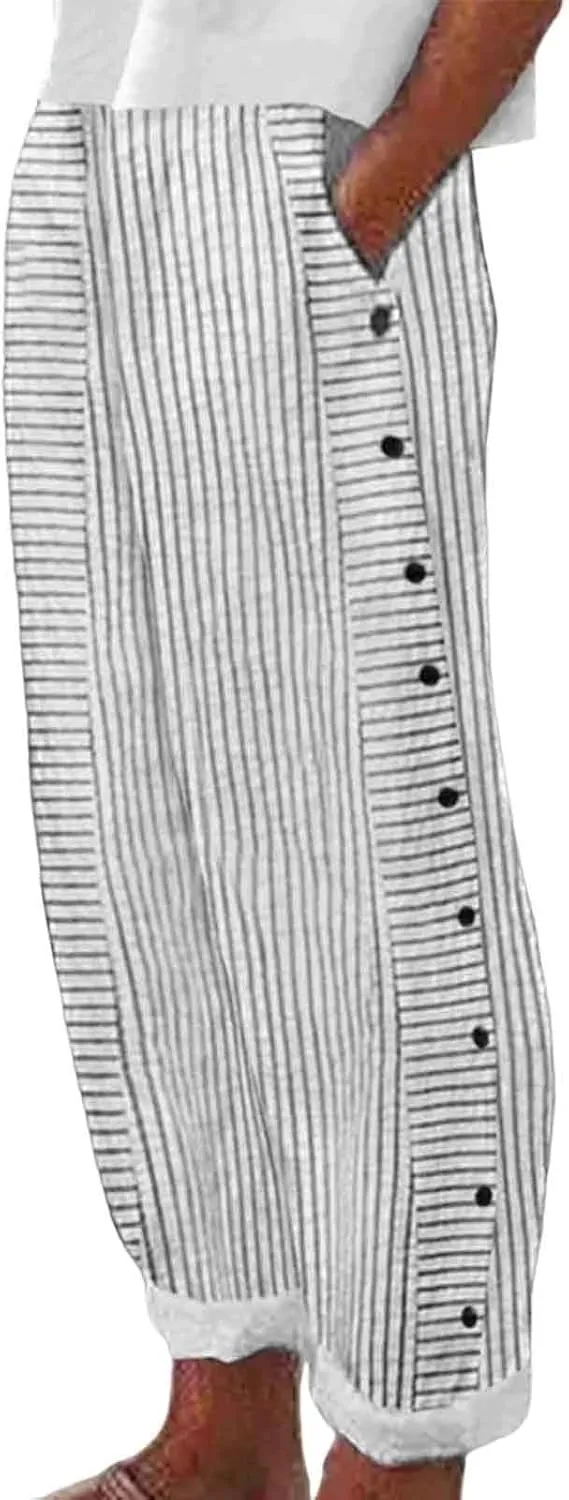 Striped Linen Pants Women Cropped Side Bottom Trim Elastic Waist Capris Lightweight Summer Beach Trousers with Pockets