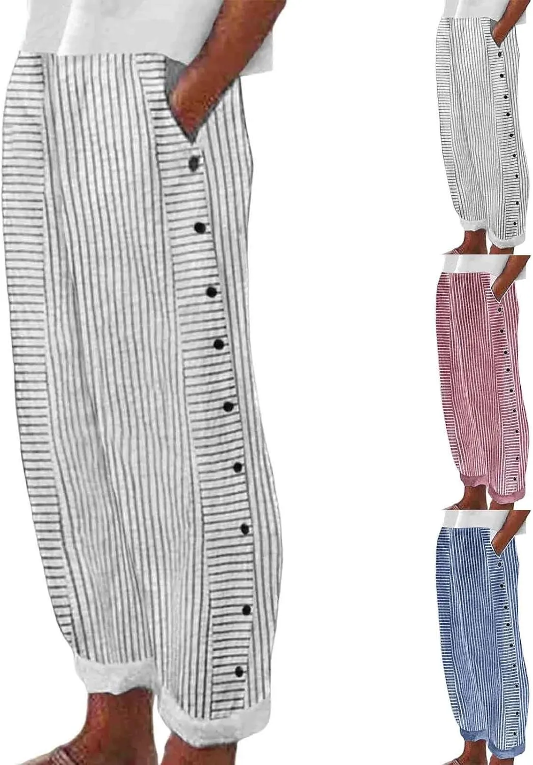 Striped Linen Pants Women Cropped Side Bottom Trim Elastic Waist Capris Lightweight Summer Beach Trousers with Pockets