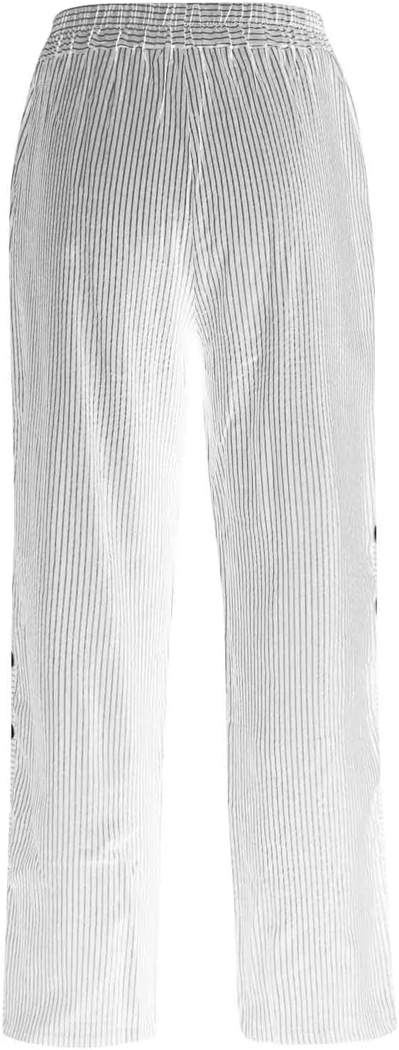 Striped Linen Pants Women Cropped Side Bottom Trim Elastic Waist Capris Lightweight Summer Beach Trousers with Pockets