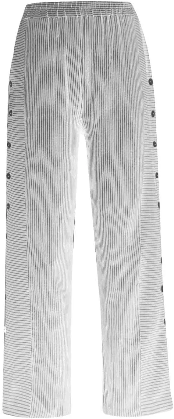Striped Linen Pants Women Cropped Side Bottom Trim Elastic Waist Capris Lightweight Summer Beach Trousers with Pockets