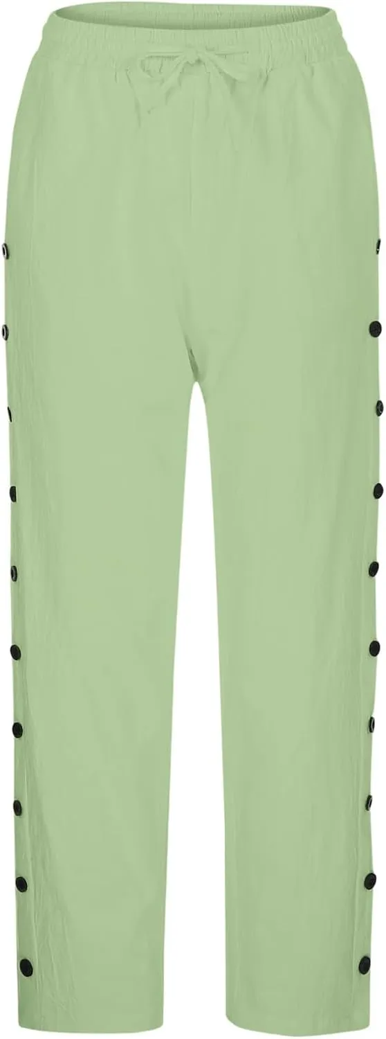 Striped Linen Pants Women Linen Capri Side Button Pants Lightweight Spring Summer Trouser for Women 2025 Beachwear